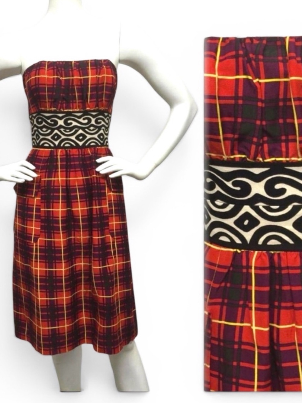 ANTHROPOLOGIE Plenty Tracy Reese Cayenne PLAID Strapless Dress Big Pockets 4 S